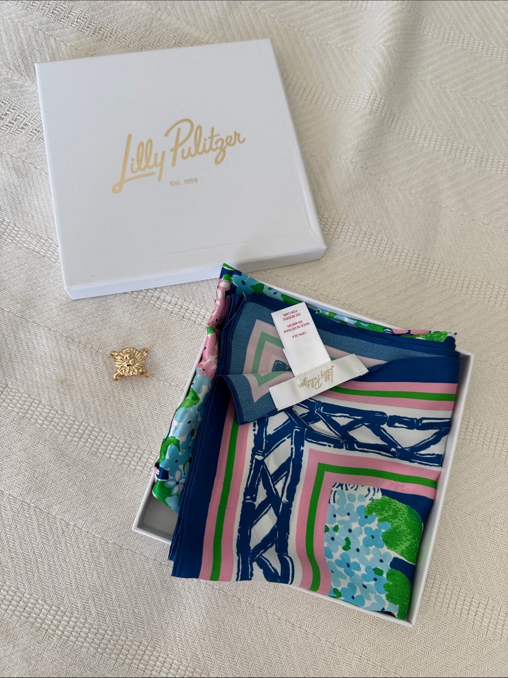 Lilly Pulitzer Navy, Pink & Green Silk Floral Scarf